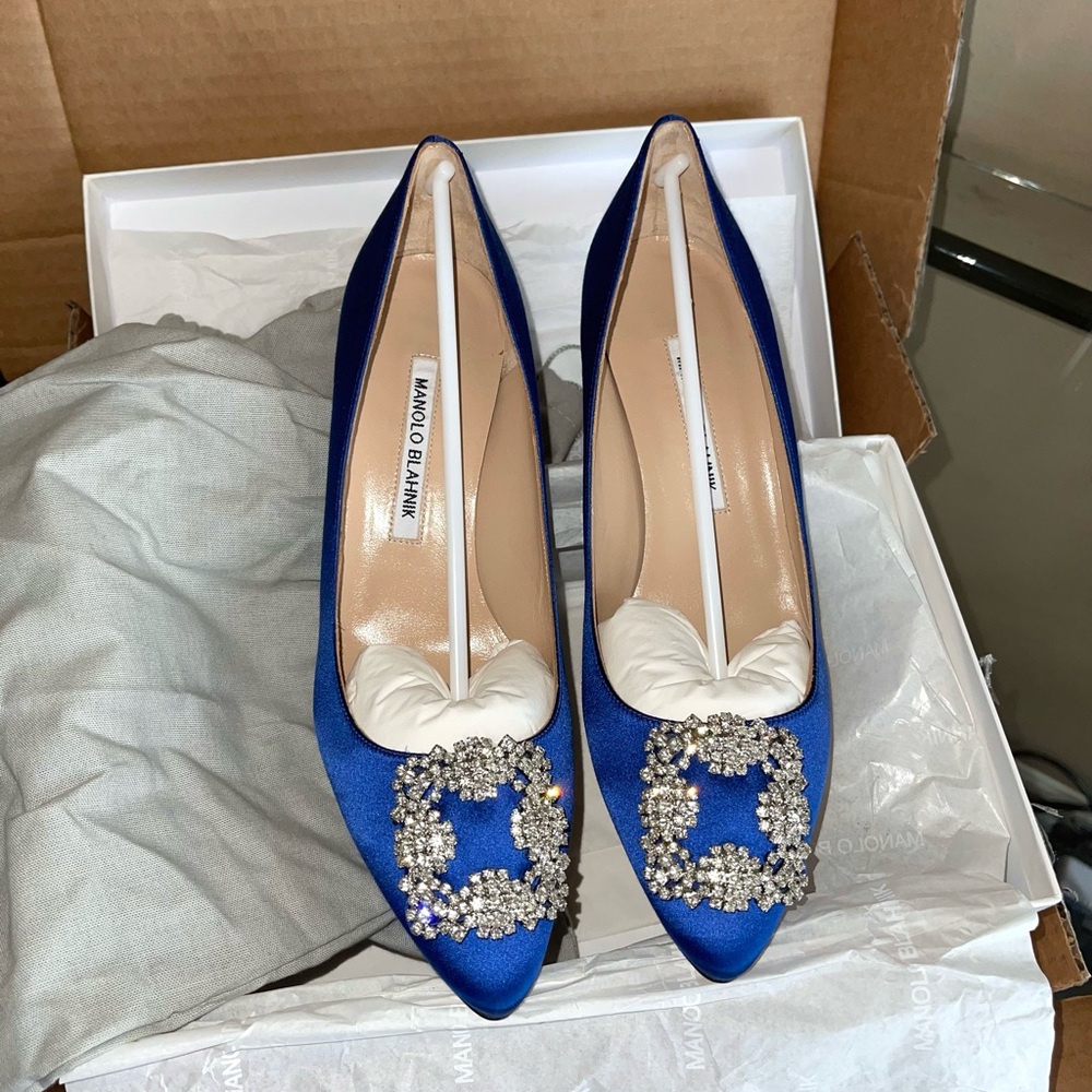 #Sold# Manolo Blahnik Hangisi 70mm Royal Blue Satin Heels with Crystal Accents.